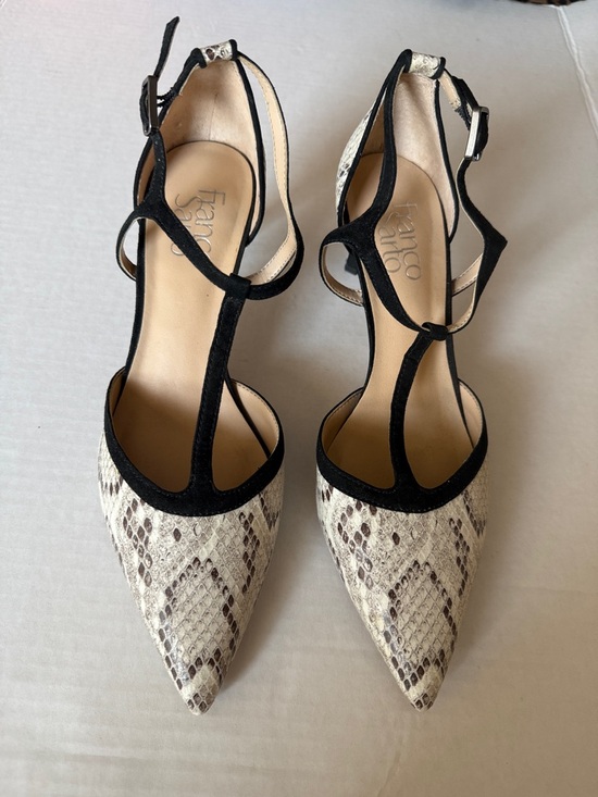 Franco Sarto Shoes - Franco Sarto Black T-Strap Snake-Print Pointed Heels
